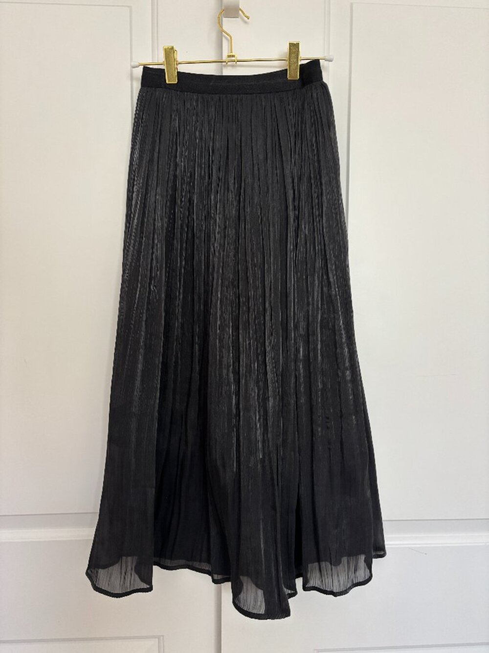Black Pleated Satin Maxi Skirt — Full Sweep, S/M